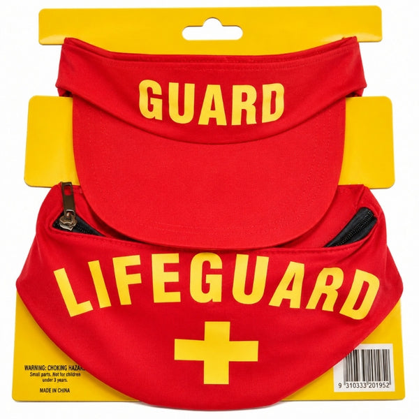 Lifeguard visor and red bum bag accessory set with yellow lifeguard print
