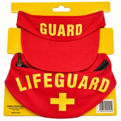 Lifeguard visor and red bum bag accessory set with yellow lifeguard print