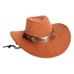 Light brown suede cowboy hat with bull head detail for western costumes
