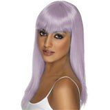 Lilac long straight wig with blunt fringe, perfect for cosplay or costume parties