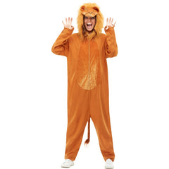 Adult lion costume jumpsuit with front zip, velveteen belly, and lion face hood – unisex safari or jungle-themed outfit.