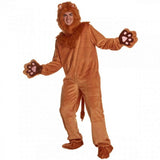 Adult Lion costume jumpsuit with furry hood, fur chest detail, paw prints, and shoe covers – perfect for TV, movie, or animal-themed events.
