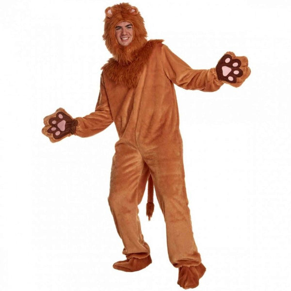 Adult Lion costume jumpsuit with furry hood, fur chest detail, paw prints, and shoe covers – perfect for TV, movie, or animal-themed events.