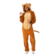Adult lion onesie costume with faux fur mane, tail, and hood
