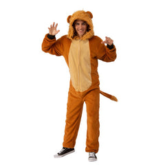Adult lion onesie costume with faux fur mane, tail, and hood