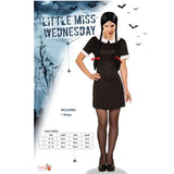 Adult Little Miss Wednesday costume with black dress, white collar and cuffs – ideal for Halloween and gothic themed parties