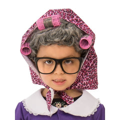 Children’s Little Old Lady Costume featuring a floral knee-length dress, a purple cardigan, and a wig with hair rollers and a scarf.