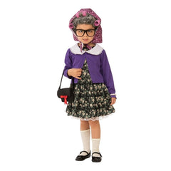 Children’s Little Old Lady Costume featuring a floral knee-length dress, a purple cardigan, and a wig with hair rollers and a scarf.