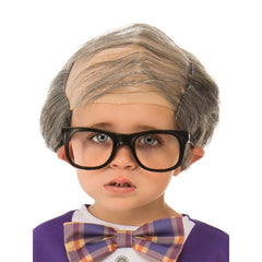 Little Old Man Costume for children featuring checked trousers, a purple mock cardigan shirt, and a grey wig with a bald top and comb-over style.