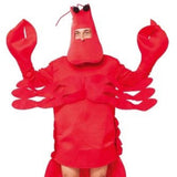 Close-up of adult lobster costume showing red claws and lobster headpiece