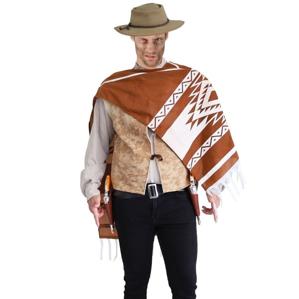 Lone Rider cowboy costume with western shirt, brown vest, and poncho