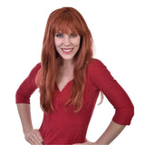 Long auburn costume wig with straight strands and uneven fringe