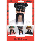 Long black biker-style costume moustache with adhesive