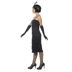 1920s long black flapper dress with fringe, gloves, and headband

