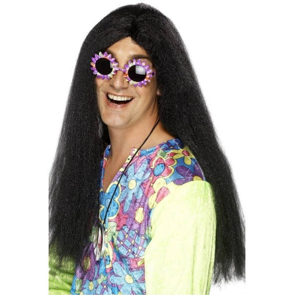 Long black hippy wig with centre part