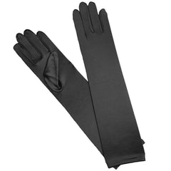 Long black satin gloves for adults – over-the-elbow accessory for vintage and formal costumes.