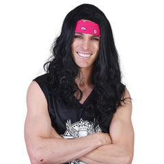 Long black wig with pink headband
