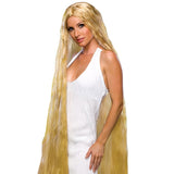 A woman modeling a long, straight platinum blonde wig against a plain white background.