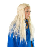 Long blonde wig, centre part with small braids.