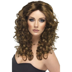 Long brown glamour wig with layered curls, inspired by Abba’s Frida and Wild West cowgirls
