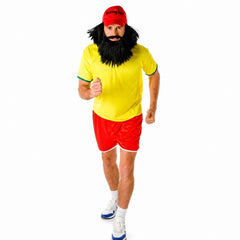 Long distance runner costume with yellow shirt, red shorts, beard and red cap