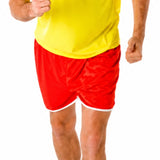 Close up of long distance runner costume, red short shorts