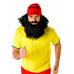 Long distance runner costume with yellow shirt, red shorts, beard and red cap