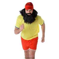 Retro long distance runner costume with yellow T-shirt, red shorts, cap with hair, moustache, and beard.