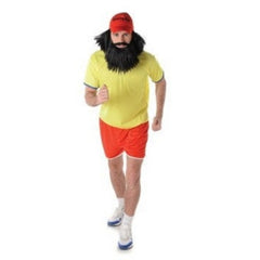 Retro long distance runner costume with yellow T-shirt, red shorts, cap with hair, moustache, and beard.