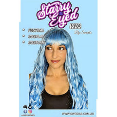 Long pastel smokey blue wig with soft waves