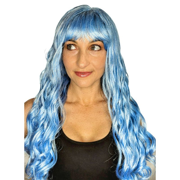Long pastel smokey blue wig with soft waves