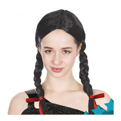 Adult Long Plaited Black Wig – two black braids, centre part, perfect for Halloween, Oktoberfest, gothic, fairytale, cosplay, and Book Week costumes