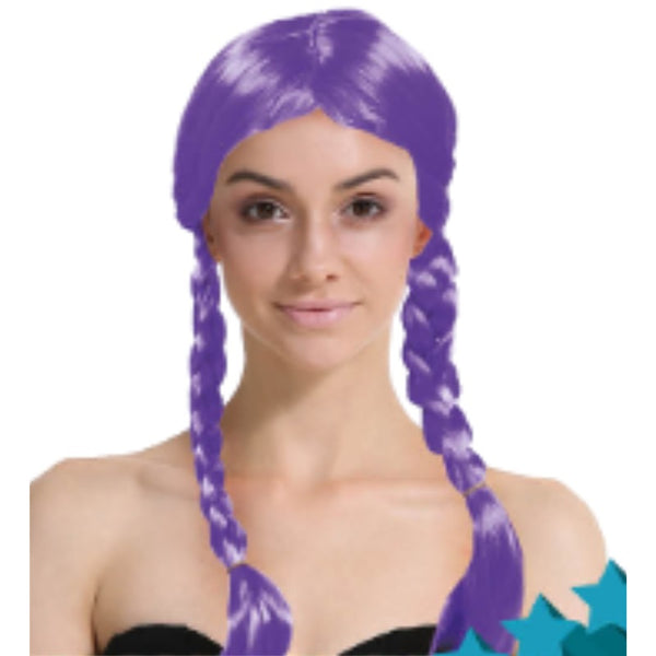 Long purple wig with two braids and centre part – ideal for gothic, fairy-tale, or fantasy costumes