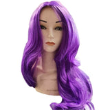 Purple wig on a mannequin head with a white background