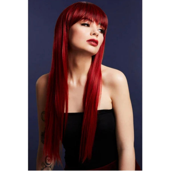 Jessica long ruby red Fever wig with feathered fringe, 66cm heat-resistant synthetic wig