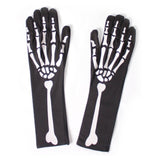 Long Skeleton Gloves with white bone print on black fabric – Halloween skeleton, reaper, and undead costume accessory
