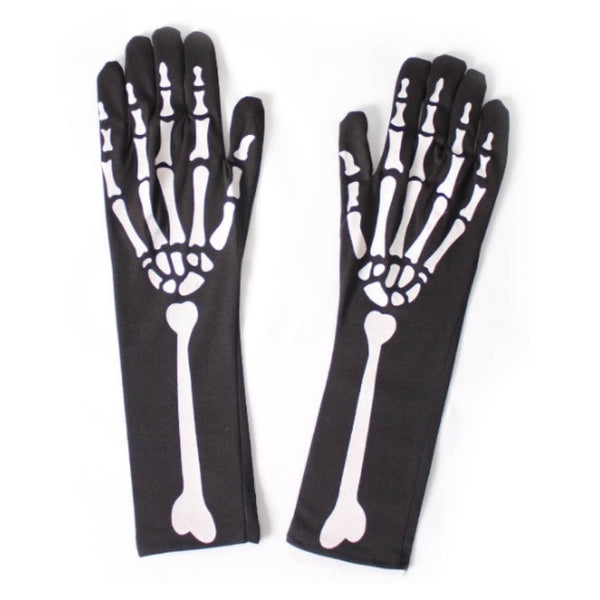 Long Skeleton Gloves with white bone print on black fabric – Halloween skeleton, reaper, and undead costume accessory

