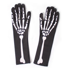 Long Skeleton Gloves with white bone print on black fabric – Halloween skeleton, reaper, and undead costume accessory
