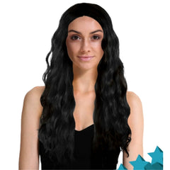 Long wavy black costume wig with middle part – perfect for cosplay or Halloween