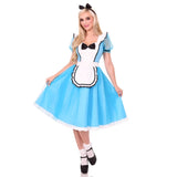 Woman wearing a blue and white dress with a black bow tie on a white background