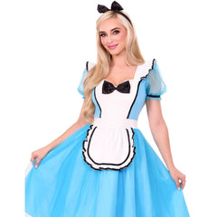 Person wearing a blue and white dress with a black bow on a white background