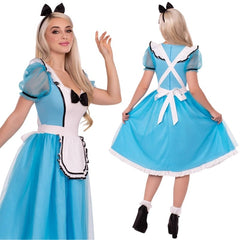 Person wearing a blue and white dress with a black bow on a white background
