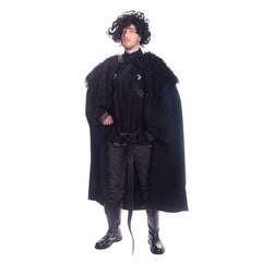 Lord snow hire costume includes, quality black cape with fur, chainmail faux shirt, vest, wig and 3 belts.