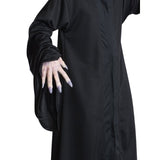 Voldemort Adult Costume close-up of black robe showing front closure and dramatic wide long sleeves for an authentic dark wizard appearance.