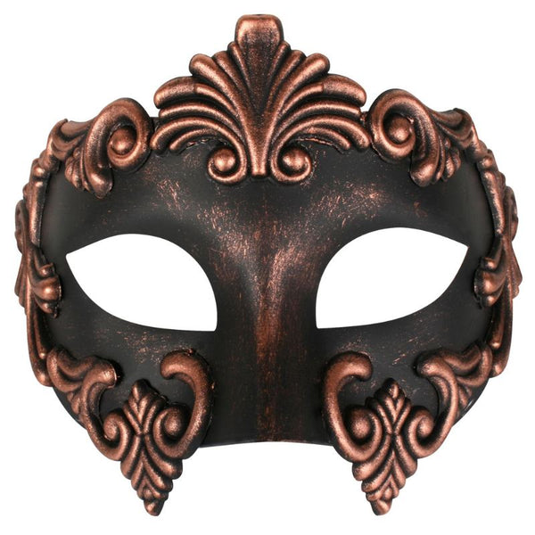 Men’s Venetian half-face mask with Roman detailing in copper, silver, gold, or black with satin ribbon ties