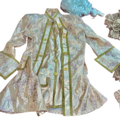Louis xvi antique rose mens costume, quality embroidered frock coat, vest/shirt front, lace jabot and cuffs, knickers with pockets.