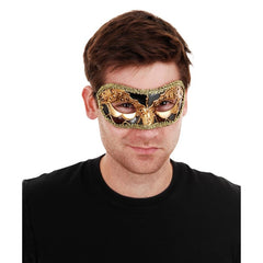 Luciana metallic eye mask, has an Venetian vibe, small half mask with black/grey/ dark red and gold detail.