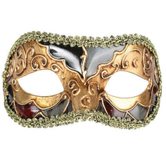 Luciana metallic eye mask, has an Venetian vibe, small half mask with black/grey/ dark red and gold detail.