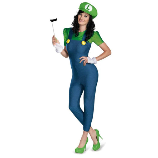 Front view of women’s Luigi costume with jumpsuit, hat, gloves and moustache