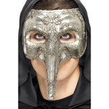 Luxury Venetian Capitano mask in silver with long nose design for masquerade balls or theatrical costumes
